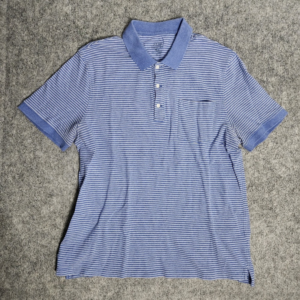 J Crew Stretch Pique Polo Shirt Men XL Blue White Stripe Short‎ Sleeve Pullover